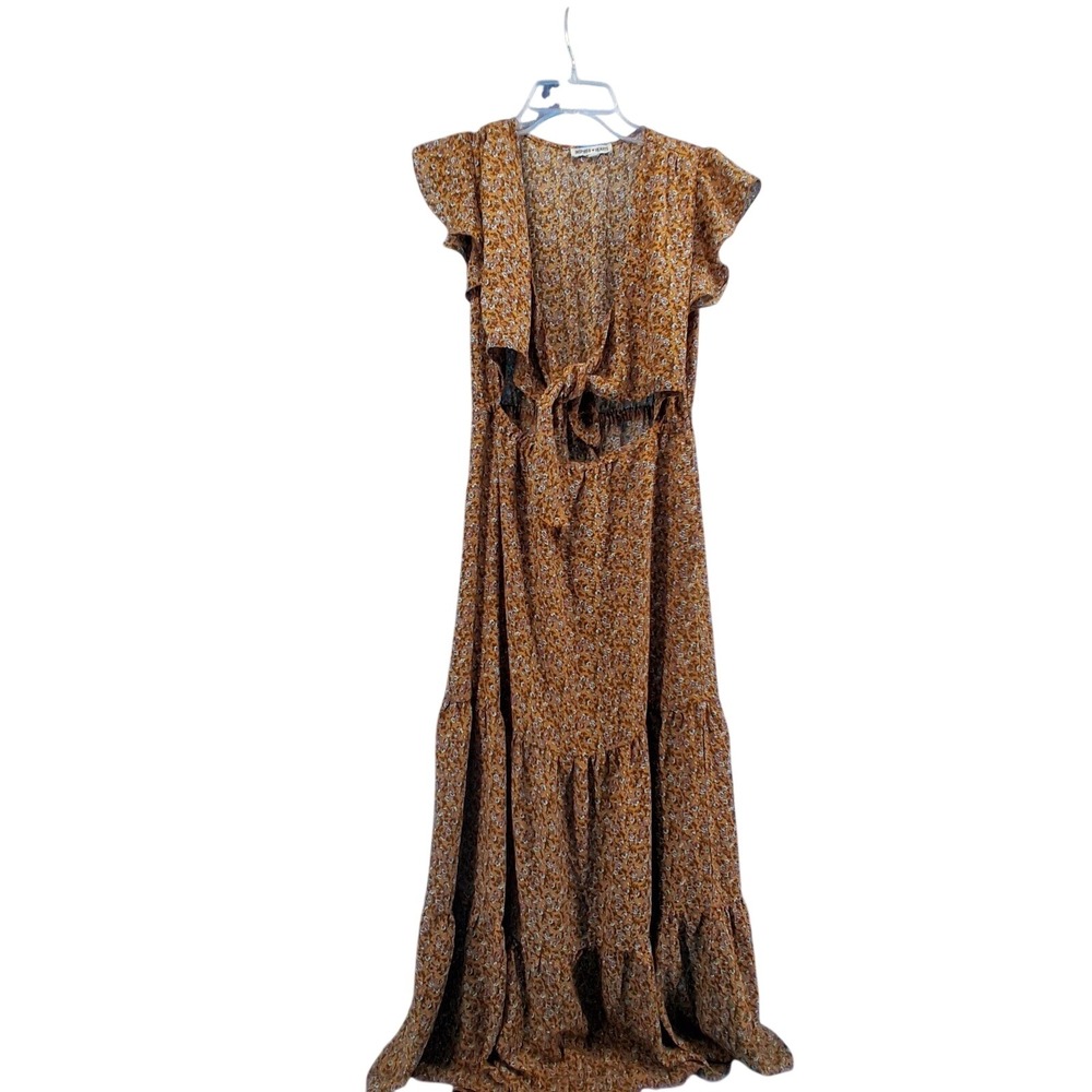 Inspired Hearts Maxi Dress Womens Large Mustard Floral Tie‎ Front Cutout Tiered